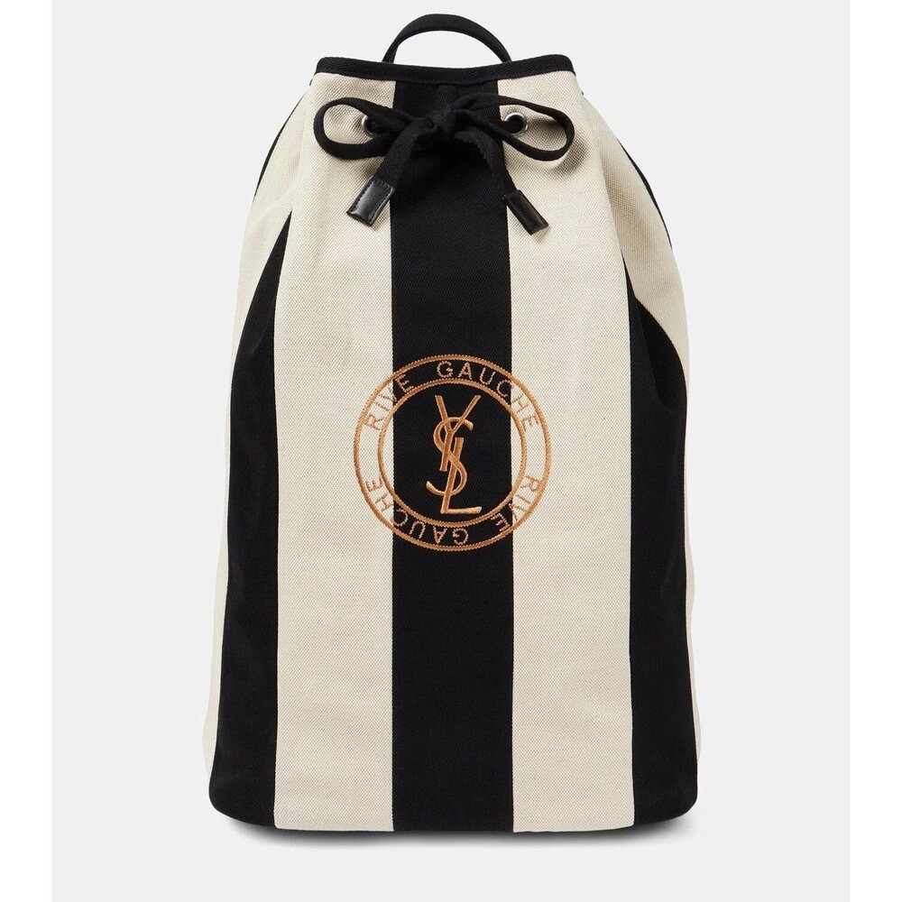 SAINT LAURENT Rive Gauche Sling Backpack Black White Striped Canvas Drawstring
